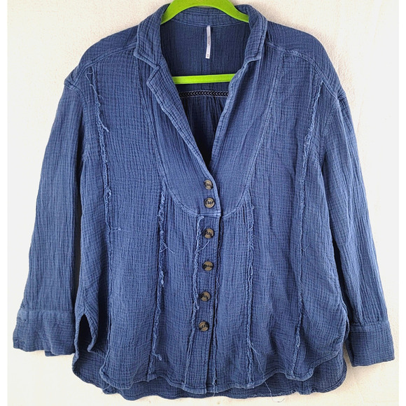 Free People All About The Feels Shirt Navy Button Down Woman's Size XS Boho - Picture 1 of 9